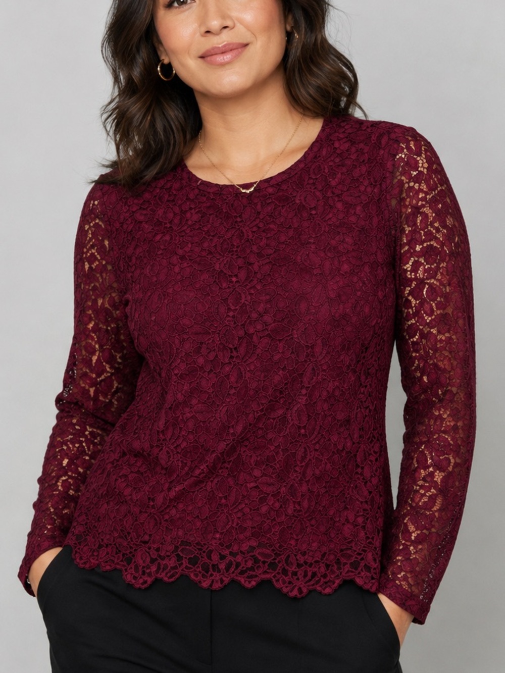 Aritzia Talula All Over Lace Long Sleeve Top Womens Size Large Burgundy Wine